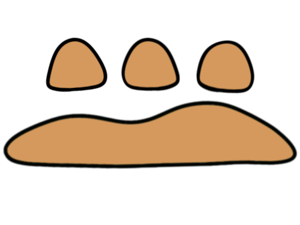 three orange lumps above a horizontal lump that is curvy on the top and flat on the bottom